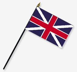 4 x 6 in. Rayon British Union Jack Flag. Mounted on 10 in. x 3/16 in. Dia. Black Plastic Staff with
