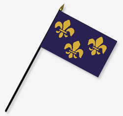 4 x 6 in. Rayon Blue/Gold Fleur De Lis Flag. Mounted on 10 in. x 3/16 in. Dia. Black Plastic Staff w